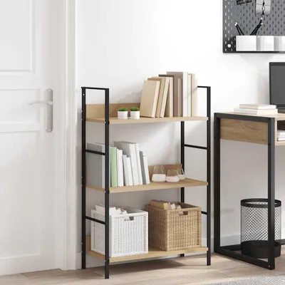 A bookshelf with books and baskets in a room.