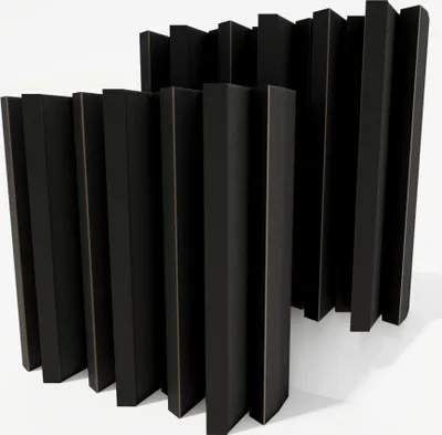 A group of black acoustic diffusers arranged in a curved pattern against a white background.
