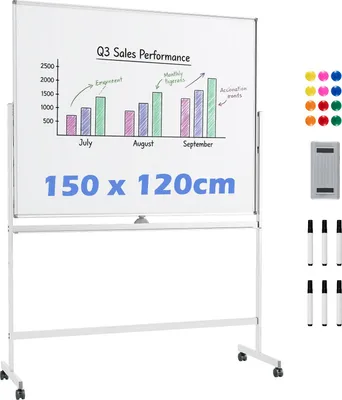 Produktbild von COSTWAY Doppelseitiges mobiles Whiteboard, 150x120 cm, höhenverstellbares magnetisches Whiteboard mit Rollen, Ständer und Stiftablage für Büro Weiß