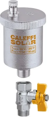 A close-up studio shot of a Caleffi automatic air vent and a ball valve.