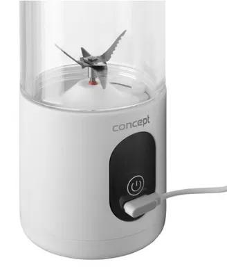 A close-up shot of a white portable blender with a USB charging port and power button.