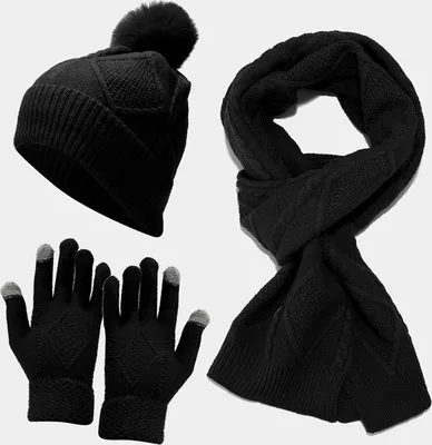 Produktbild von Damen Mütze Schal Touchscreen-Handschuhe Set, Warme Winterset Gestrickt Beanie Schnee Hut Strickschal