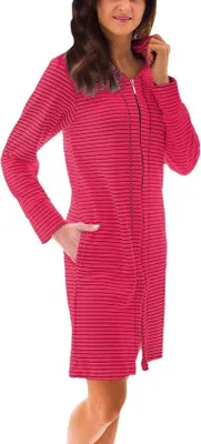 Produktbild von Ibenzoa® Kurzer Damen-Bademantel mit Reißverschluss und Kapuze, gestreift, Baumwoll-Polyester mit Fleecefutter, 90 cm, 450 g, Blau/Grau