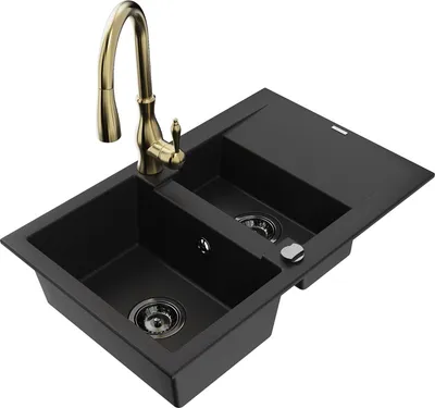 Produktbild von Mexen Gaspar 1,5-Becken-Granitspüle mit Abtropffläche und Mischbatterie Savita, Schwarz - 6507-77-672601-50-B