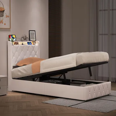 Imagen del producto de REMZETTA, cama tapizada de 90 x 200 cm, cama individual con cajón y mecanismo hidráulico elevable, cabecero acolchado, terciopelo, color beige