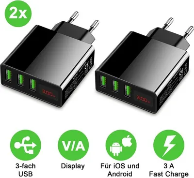 Produktbild von Multi USB Ladegerät 3-fach im 2er Set, 5V 3A m. LED Display, EU Netzteil Eaxus