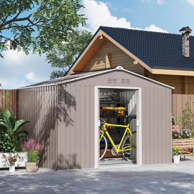 Image de Abri de jardin 4,9 m², abri à outils en acier avec toit à deux versants, fondations, porte coulissante verrouillable, armoire de jardin résistante aux intempéries, 277 x 195 x 192 cm, gris clair