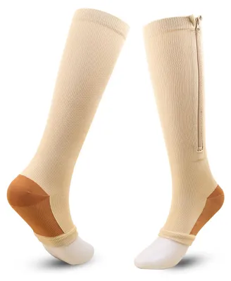 Produktbild von Kompressionsstrümpfe mit Reißverschluss – XXL – 15–20 cm – offene Zehen – Kniestrümpfe – Reisestrümpfe für Flugreisen – Hautton aus Kupferfasern