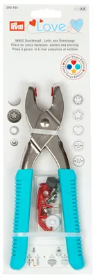 Productafbeelding van Prym Love 390901 Vario-tang, tang voor knopen en drukkers, geschikt voor Color Snaps, oogjes en jeansknopen. Inclusief gereedschap voor 3 en 4 mm gaten. Ergonomische handgrepen in turquoise, ideaal voor textiel- en doe-het-zelfprojecten