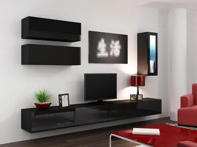 Obrázek produktu pro Obývací stěna s LED modrým osvětlením ASHTON 12 - černá / lesklá černá