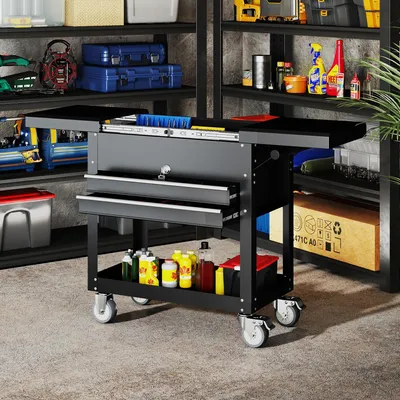 Produktbild von SUGIFT Werkstattwagen mit Schubladen, rollender Werkzeugschrank, Arbeitsfläche ausziehbar, Stahl, Schwarz | 130 x 38 x 80 cm | 24 kg | abschließbar