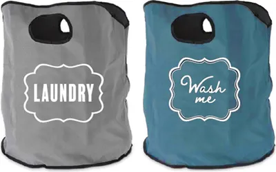 Produktbild von Wäschesack 2er Set Grau Blau 56x46x68 cm mit 'Laundry' & 'Wash me' Aufschrift