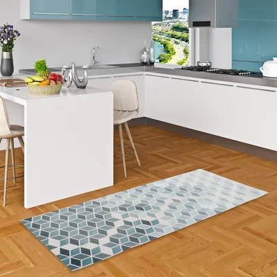 Produktbild von Küchenläufer Teppich Trendy Blau Grau Retro, Größe:45x145 cm