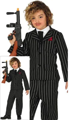 A child wearing a gangster costume, holding a toy gun. The image contains a main shot and a smaller inset shot.
