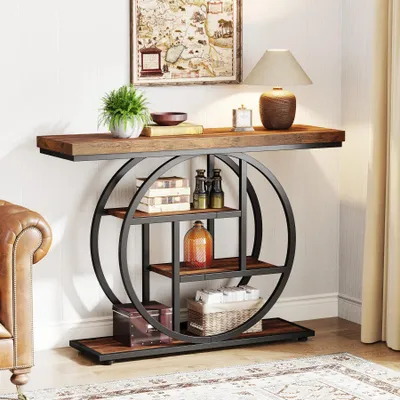 Zdjęcie produktu dla Stolik konsolowy z drewna – wąski stolik do przedpokoju lub obok sofy – 4 półki – styl industrialny – 100x30x81 cm – kolor brązowy 02