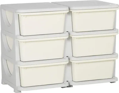 Obrázek produktu pro Úložný systém pro dětské hračky – organizér s 6 zásuvkami – stohovatelný – zaoblené hrany – plast – 75 x 37 x 56,5 cm – krémová barva