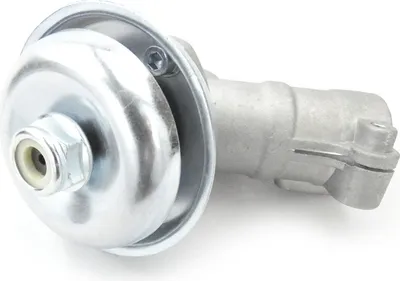 A close-up studio shot of a string trimmer gearbox.