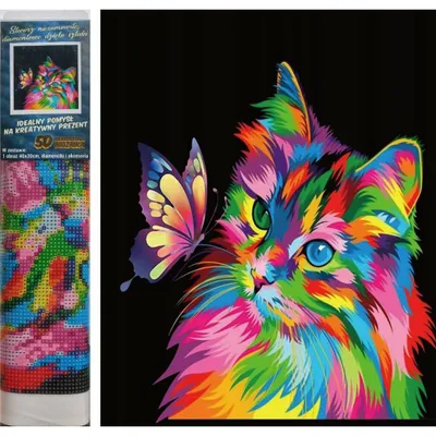 Imagen del producto de Mosaico de diamantes, gato colorido con mariposa, 30x40 cm. Decoración creativa con diamantes