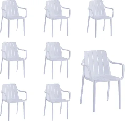 Produktbild von VORTIVO Gartenstuhl 8er Set Weiß – stapelbar, wetterfest, UV-beständig & bis 200 kg. Für Balkon, Terrasse, Garten & Esszimmer.