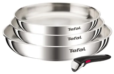 Produktbild von Tefal Ingenio Emotion Pfannen-Set, 3-teilig, 22/24 / 28 cm + abnehmbarer Griff, Edelstahl, unbeschichtet, induktionsgeeignet, backofenfest, spülmaschinengeeignet – 3 Pfannen 22/24/28 cm