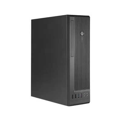 A black computer tower is shown against a white background.
