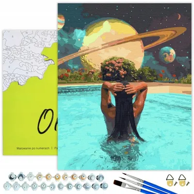 Produktbild von Oh Art! Malen nach Zahlen Erwachsene 40x50 cm – Frau im Pool mit Saturn – DIY Set: Leinwand mit Rahmen, 30 Acrylfarben, 3 Pinseln und Zubehör