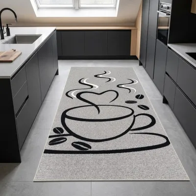 Produktbild von Küchenläufer mit Kaffeemotiv, pflegeleicht und strapazierfähig Grau Größe - 80 x 250 cm