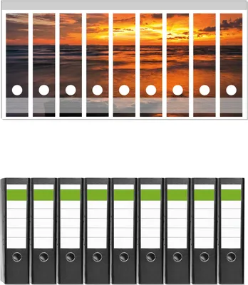 Produktbild von Wallario 9 Stück breite Ordner inkl. Klebeetiketten mit Motive Glühender Abendhimmel über dem Meer -  Set mit Rückenschildern / Ordnerrücken Stickern