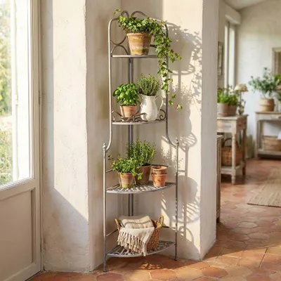 Immagine prodotto di Milani Home - scaffale angolare in acciaio 4 ripiani, bianco ossidato, stile shabby, per interno, veranda e giardino coperto