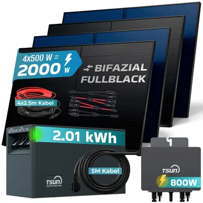Produktbild von SUNNIVA® 2000W Balkonkraftwerk mit 2,01 kWh Speicher TSUN SOLARCAN TSOL-DCU2000Lite, 4x 500W BIFAZIAL FULLBLACK komplett Steckdose, Solarspeicher