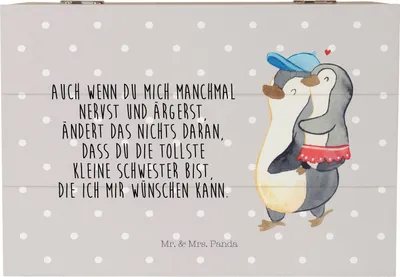 Produktbild von Mr. & Mrs. Panda Box Pinguin Kleine Schwester 22 x 15 cm - Grau Pastell - Geschenk, Schwesterherz, Muttertag, Kiste, geschenkkiste, Geschwisterliebe, Sis, Geschenkbox