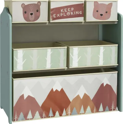 Produktbild von ZONEKIZ dětský regál na hračky se 6 vyjímatelnými boxy z netkané textilie, regál do dětského pokoje, do školky, 63 x 30 x 66 cm, zelený