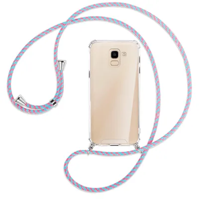 Produktbild von Handykette Backcover-Schutzhülle mit Band (Metall silberfarben) für Samsung Galaxy J6 2018 - pink/mint