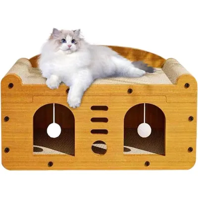 Produktbild von 56x28x32cm Kratzbrett Katzen mit Spielball Tunnel für Katzen Katzenhaus Kratzmöbel Möbelschutz Indoor für Katzen zum Ausruhen Entspannen und Spielen