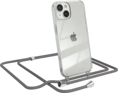 A clear iPhone 14 case with a gray lanyard is shown against a white background.