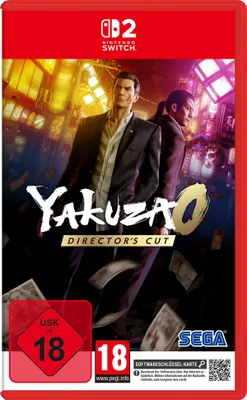 The image shows the front cover of a Nintendo Switch game case for Yakuza 0 Director's Cut. The cover features two men in suits, with the game title prominently displayed. There are also age rating symbols and logos.