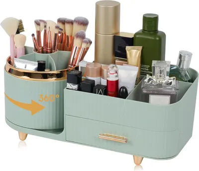 Produktbild von Make-up-Organizer für die Arbeitsplatte mit Schublade, um 360 Grad drehbarer Bürstenhalter, große Kapazität, Hautpflege-Kosmetikvitrinen