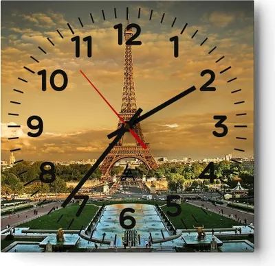 Produktbild von Wanduhr - Quadrat - Glasuhr - Eiffelturm Frankreich Paris - 40x40cm - Schleichendes Uhrwerk - Lautlos - zum Aufhängen bereit - Dekoration Modern - Wanddekoration aus Glas - C4AC40x40-0435