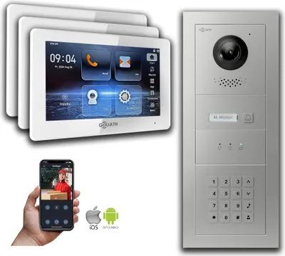 Produktbild von Goliath IP Video Türsprechanlage mit Kamera 7-Zoll Zahlencode Anzeige Silber : 3 Monitore : 7 Zoll Weiß : Unterputzdose Monitor Anzahl: 3 Monitore Monitor Farbe: 7 Zoll Weiß Montage: Unterputzdose