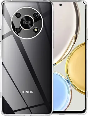 A clear, professional studio shot of a transparent phone case with a phone inside, showcasing the back of the phone and its camera module.