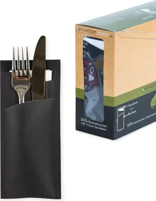Produktbild von Bestecktasche Prime Fit in Schwarz 85 x 190 mm, mit 2-lagiger Tissue-Serviette in Weiß - 100 Stück