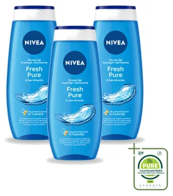 Immagine prodotto di 3 flaconi di gel doccia Nivea Fresh Pure, 250 ml ciascuno, confezione grande, 3 pezzi