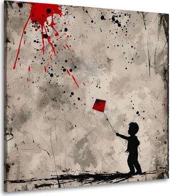 Produktbild von Abstrakt Kind mit Drachen Street Art Leinwandbild Wandbild Kunstdruck Wanddeko: 120x120x4cm