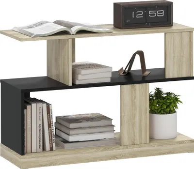Image de HOMCOM Table d'appoint en forme de S, bout de canapé à 3 niveaux avec étagères de rangement, table basse pour salon, chambre, 90 x 30 x 61 cm, effet bois naturel et noir