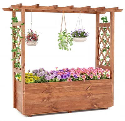 Produktbild von COSTWAY Hochbeet mit Rankgitter & hängendem Dach, Pflanzkasten mit Rankhilfe & Abflusslöchern, Blumenkasten, Pflanzgefäß Holz, 115x40x103cm, Braun
