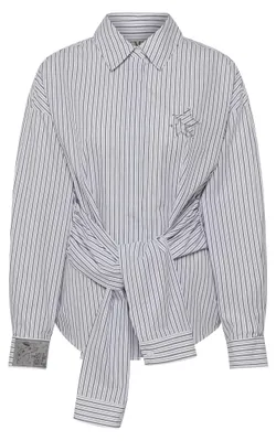 Produktbild von Weiße Baumwollbluse Größe 46 mit Streifenmuster, Hemdkragen, Bindegürtel und Sternenapplikation