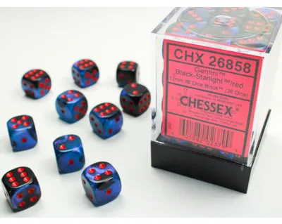 Produktbild von Chessex Gemini 12mm W6-Würfelblöcke mit Punkten (36 Würfel) - Schwarz-Sternenhimmel mit Rot