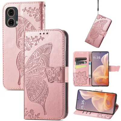 Produktbild von Für Motorola Moto G85 Kunstleder Wallet Handy Tasche Schmetterling Design Hülle Etuis Rosa