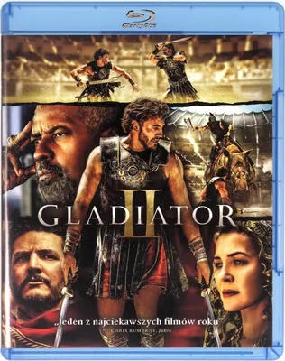 A collage of images from the movie Gladiator II, featuring actors and scenes from the film, presented on a Blu-ray case.