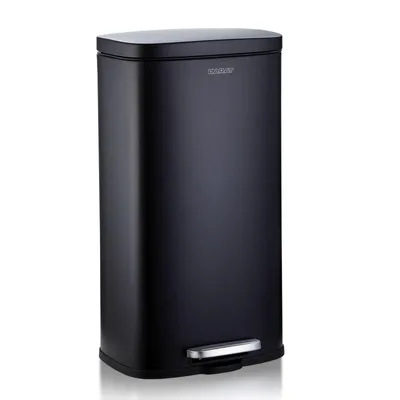 A black pedal trash can with a silver pedal and logo, shown against a white background.